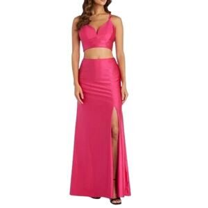 Morgan & Co Skirt Crop Top Coords Sleeveless Maxi Ruched Stretchy Pink 11 Junior